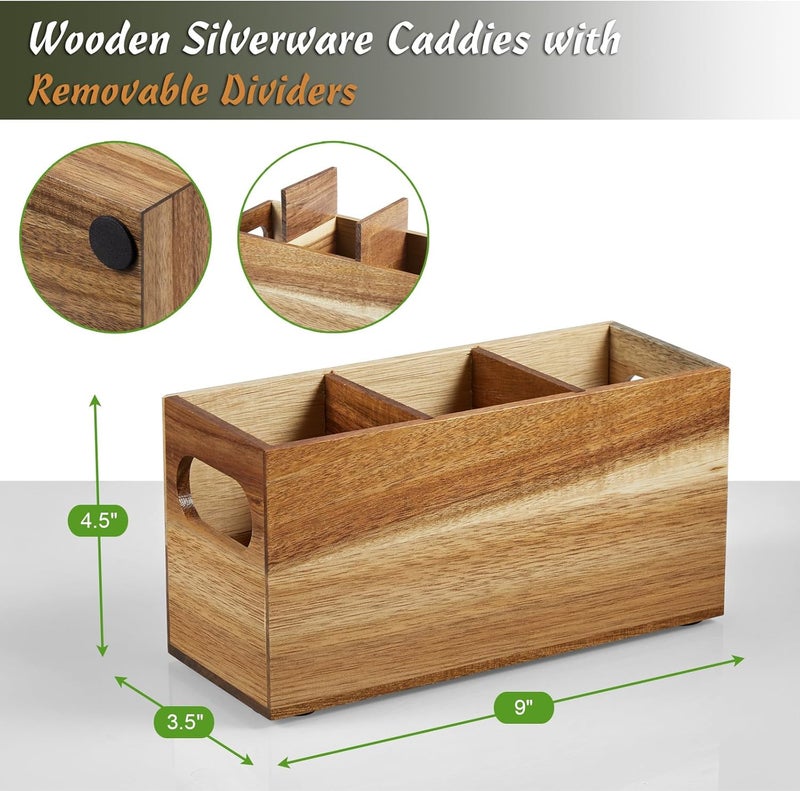 DRASTAR Silverware Holder, Acacia Wooden Utensil Caddy, Silverware Organizer Countertop, Cutlery Holder for Party, Fork Spoon Knife Organizer - Image 3